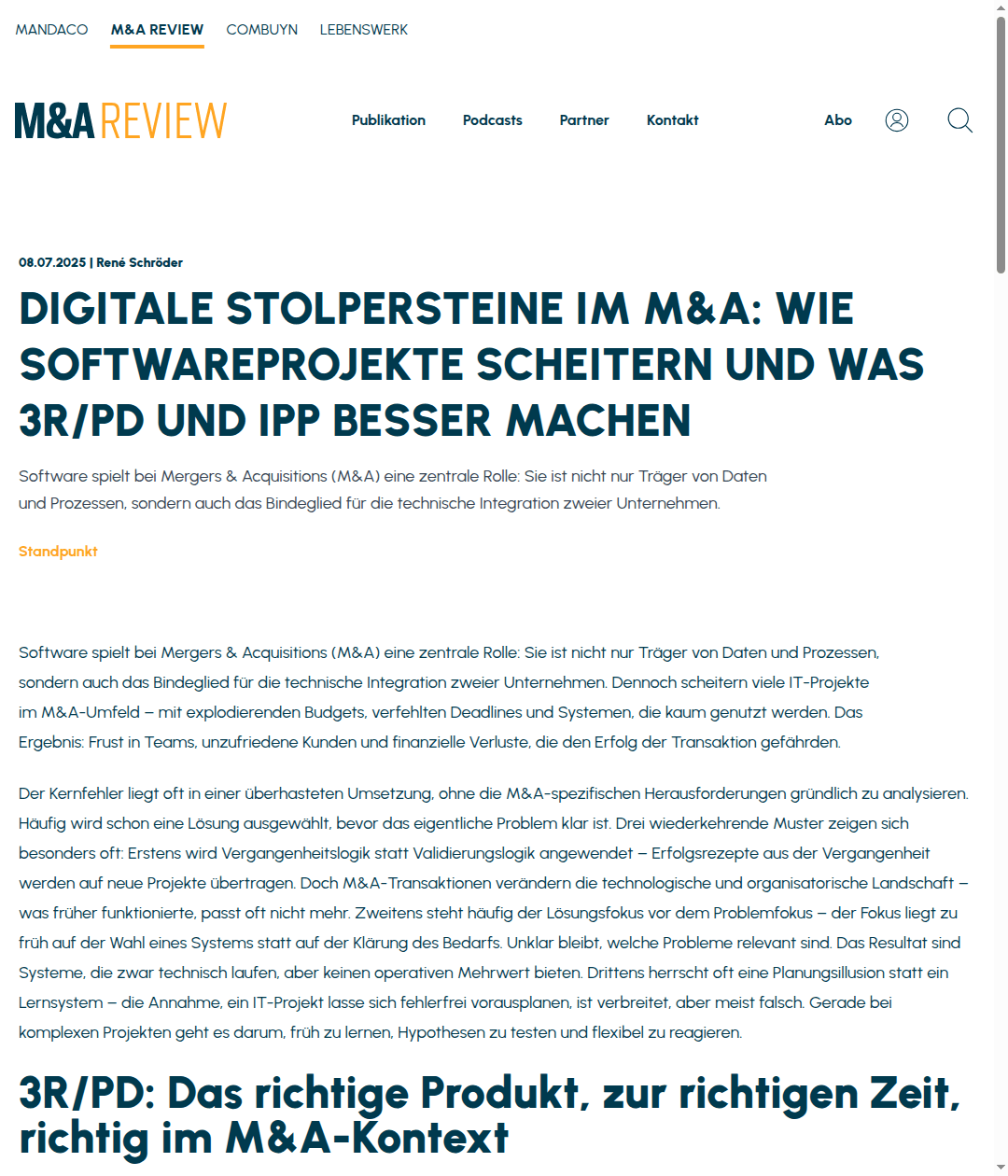 Artikel bei M&A Review: Digitale Stolpersteine im M&A: Wie Softwareprojekte scheitern und was 3R/PD und IPP besser machen